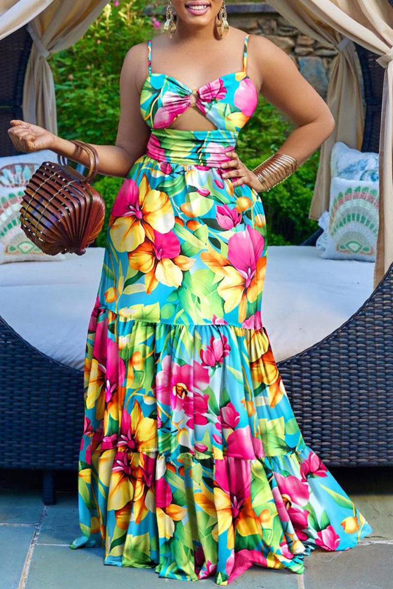 Colour Sexy Casual Print Hollowed Out Backless Spaghetti Strap Long Dress Dresses