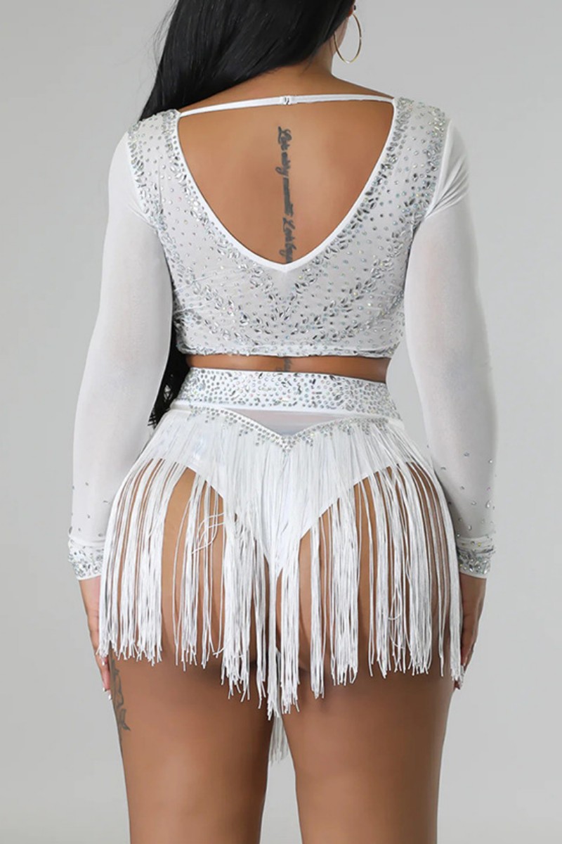 Wholesale White Sexy Patchwork Hot Drilling Tassel See Through O Neck