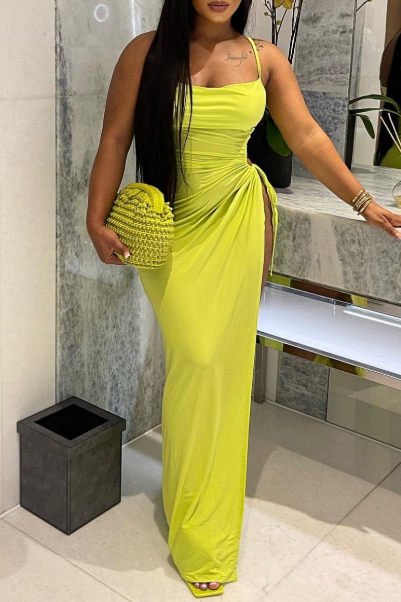 Wholesale Green Yellow Sexy Solid Frenulum Backless Slit Spaghetti