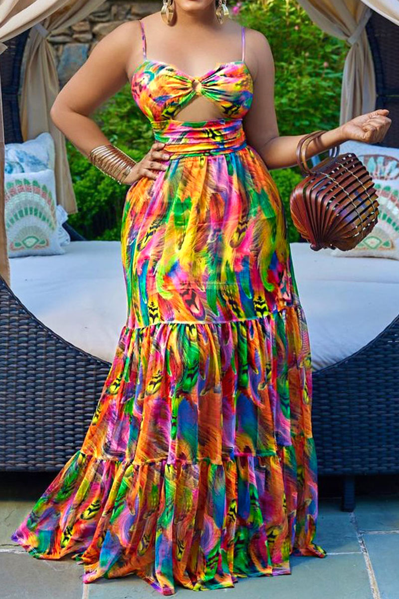 Yellow Sexy Print Hollowed Out Patchwork Spaghetti Strap Sling Dress Dresses
