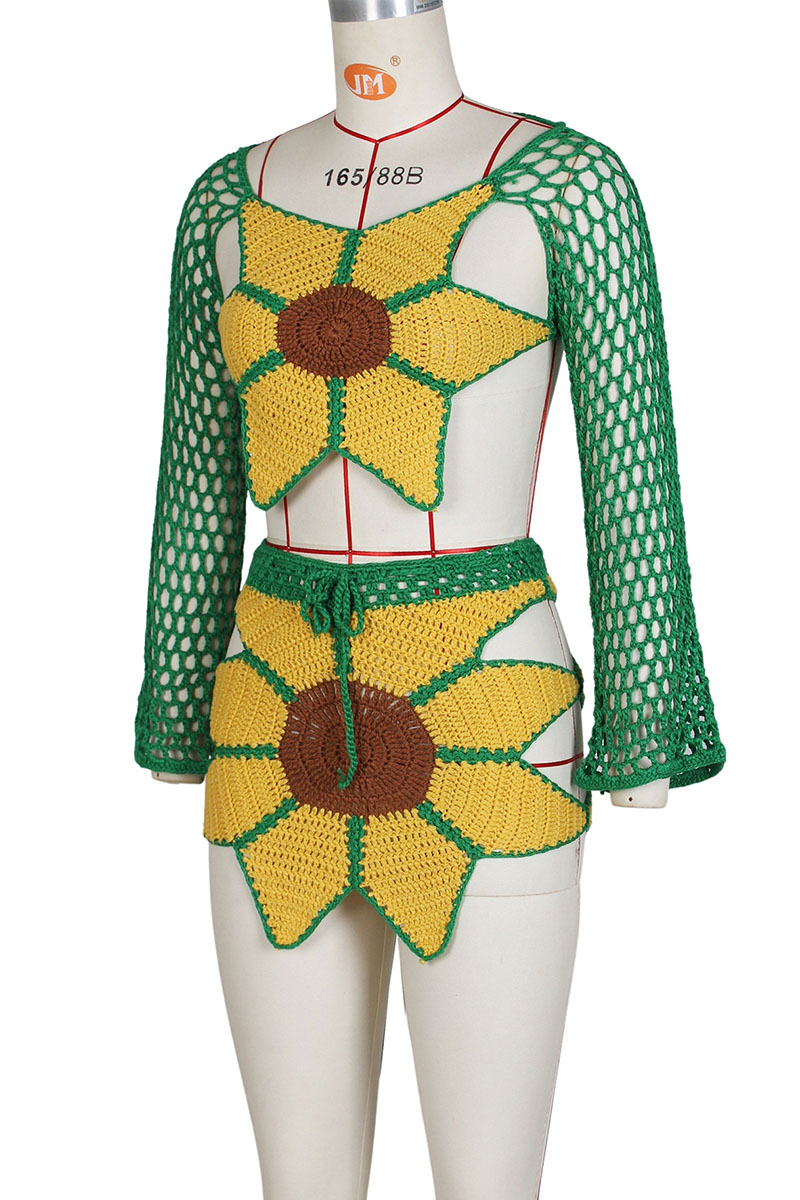 Wholesale Green Yellow Sexy Solid Bandage Hollowed Out Patchwork