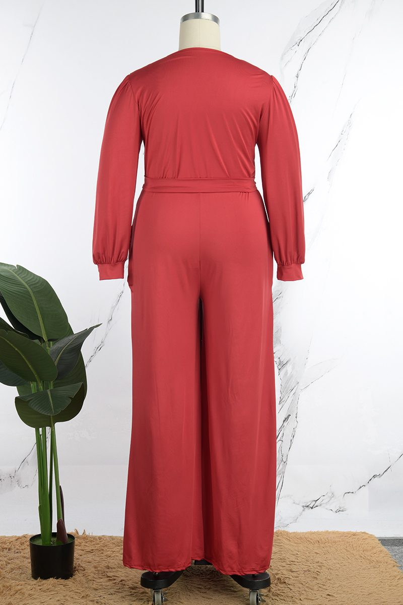 Wholesale Red Casual Solid Patchwork V Neck Plus Size Jumpsuits K