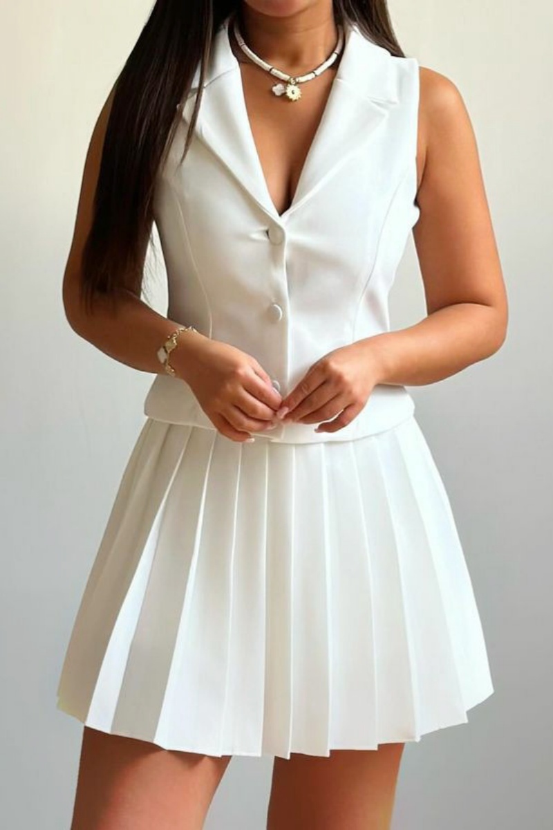 Turndown Collar Sleeveless Blazer Vest And Pleated Mini Skirt Formal Party Evening Two Pieces Suit Sets