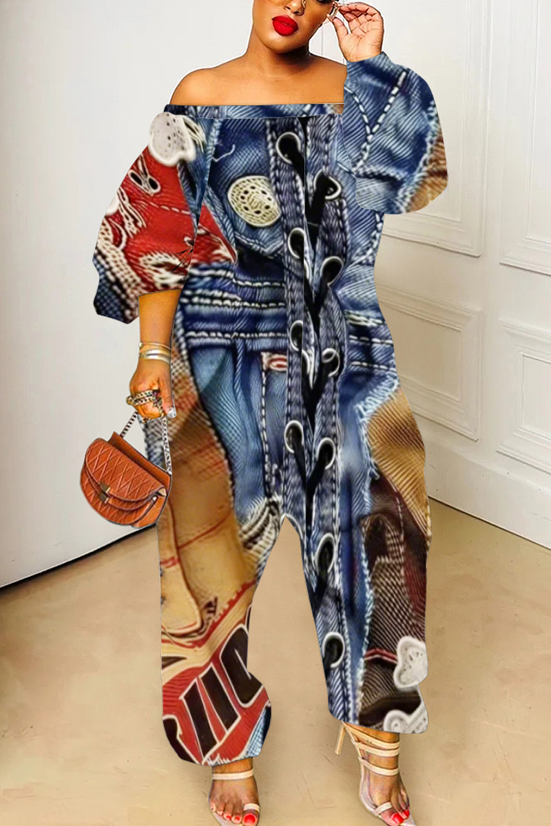 Dark Blue Faux Denim Print Off Shoulder Long Lantern Sleeve Loose Plus Size Overall Jumpsuits