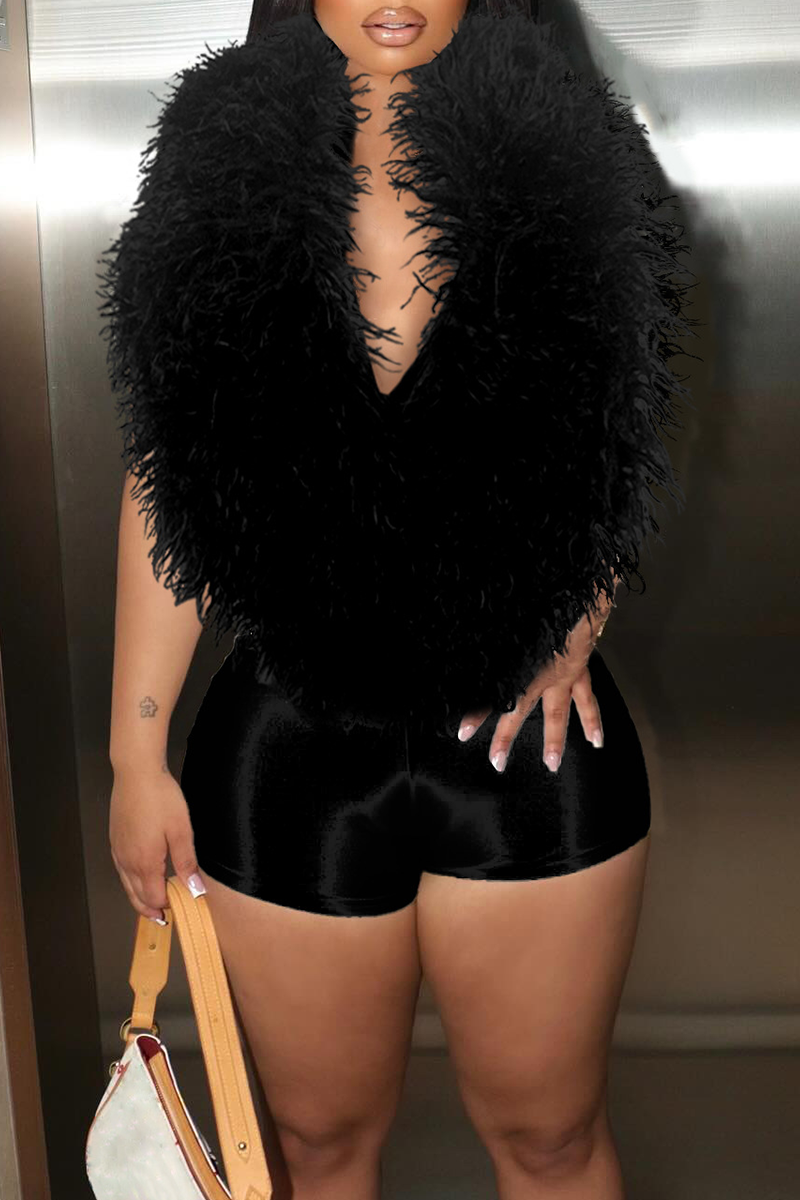 Sexy Solid Color Feathers Deep V Neck Skinny Rompers