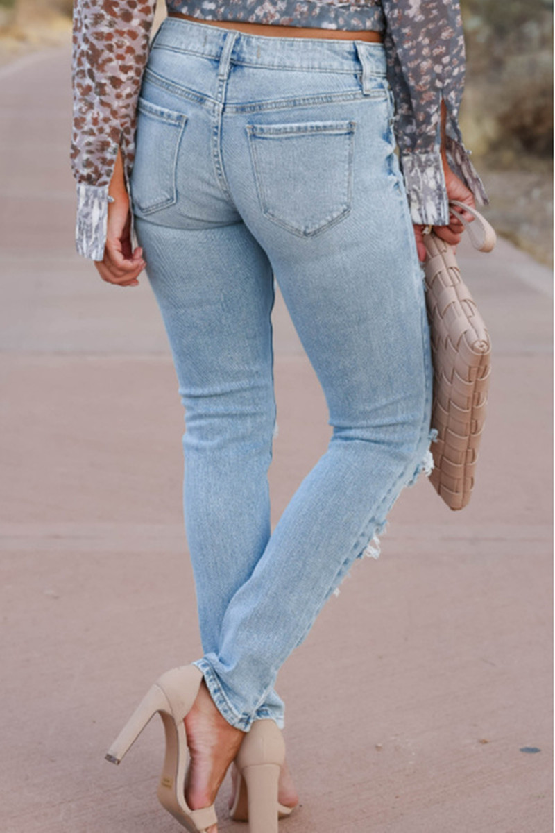 Baby Blue Fashion Casual Solid Ripped Mid Waist Regular Jeans