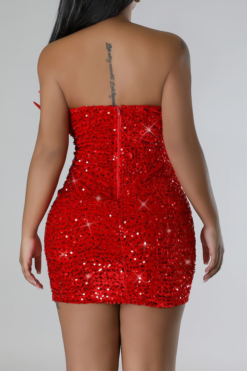 DDreamdressy Red Sequin Strapless Short Party Dress with Removable Sleeves Red / US 10