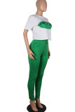 Green Fashion Actieve volwassen mevrouw Letter Print contrastkleur Two Piece Suits pencil Short Sleeve Two Pieces