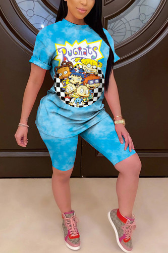 Blue Fashion Casual adult Ma'am Print Character Two Piece Suits Straight Short Sleeve Two Pieces