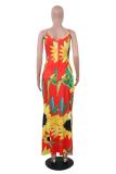 Red Casual adult Fashion Spaghetti Strap Sleeveless Slip Pencil Dress Ankle-Length Floral Prin