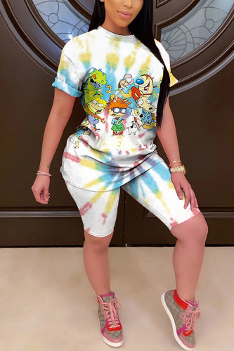 White Fashion Casual adult Ma'am Print Character Two Piece Suits Straight Short Sleeve Two Pieces