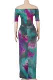 Green Fashion adult Ma'am OL Green purple Off The Shoulder Short Sleeves One word collar Step Skirt Floor-Length Patchwork Solid Dresses