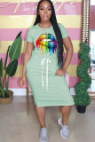 Grey Fashion Casual Red Black Grey Blue Pink Yellow Light Blue Light Green purple Army Green Cap Sleeve Short Sleeves O neck Straight Mid-Calf Print Solid lip Dresses