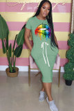 ライトグリーンファッションカジュアルレッドブラックグレーブルーピンクイエローライトブルーライトグリーンパープルアーミーグリーンキャップスリーブ半袖Oネックストレートミッドカーフプリントソリッドリップドレス