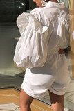 White Fashion Casual Patchwork stringy selvedge Asymmetrical Solid Long Sleeve V Neck Rompers