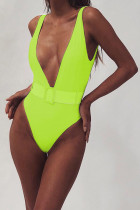 Verde fluorescente sólido assimétrico moda sexy roupa de banho de uma peça