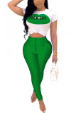 Green Fashion Actieve volwassen mevrouw Letter Print contrastkleur Two Piece Suits pencil Short Sleeve Two Pieces