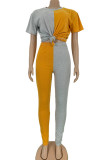 Dark Yellow Fashion adult Ma'am Street Patchwork Solid asymmetrical contrast color Two Piece Suits pencil Short Sleeve Two Pieces