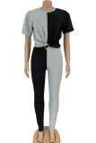 Negro moda adulto señora calle Patchwork sólido asimétrico contraste color trajes de dos piezas lápiz manga corta dos piezas