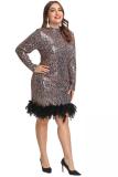 Black Fashion adult Sexy O Neck Zippered Patchwork Sequin Leopard Print Feathers