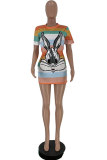 Multi-color Sexy Fashion Cap Sleeve Short Sleeves O neck Step Skirt Mini Print Sequin Patchwork