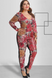Kamouflage sexig o-hals patchwork med blixtlås med blommiga sömmar med dragkedjor Plus Size Jumpsuits