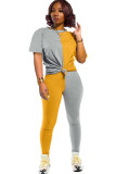 Amarelo escuro moda adulto senhora rua retalhos sólido assimétrico contraste cor ternos de duas peças lápis manga curta duas peças