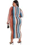 Stripe Fashion adult Sexy O Neck Bandage Patchwork Striped Print Stripe Plus Size Dresses