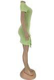 ライトグリーンファッションセクシーな大人のライトグリーンパープルキャップスリーブ半袖Oネックペンシルドレスミニちょう結びパッチワークソリッド中空アウト非対称ドレス
