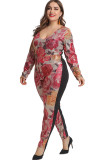 As Show Sexy O Neck Patchwork Zippered Lantejoulas Costura Floral Macacões Plus Size