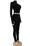 Black Fashion Sexy adult Ma'am Letter Print Two Piece Suits pencil Long Sleeve Two Pieces