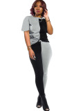 Negro moda adulto señora calle Patchwork sólido asimétrico contraste color trajes de dos piezas lápiz manga corta dos piezas