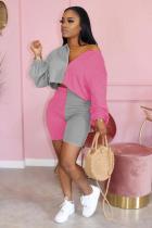 ピンクファッションセクシーな大人のパッチワーク固体非対称ツーピーススーツ鉛筆長袖二枚