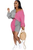Pink Fashion Sexy adult Patchwork Solid asymmetrical Two Piece Suits pencil Long Sleeve Two Pieces
