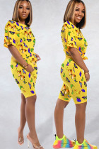 Желтый вязаный модный сексуальный костюм из двух предметов с принтом в стиле пэчворк для взрослых, прямые, с коротким рукавом, из двух предметов