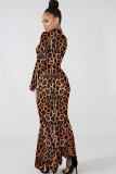 Leopard print Sexy Cap Sleeve Long Sleeves Turtleneck Step Skirt Floor-Length camouflage Leopard Print 