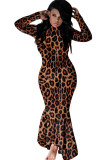 Leopardenmuster, sexy Flügelärmel, lange Ärmel, Rollkragen, Stufenrock, bodenlang, Tarnung, Leopardenmuster