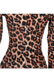 Estampado de leopardo Sexy Manga casquillo Manga larga Cuello alto Falda escalonada Hasta el suelo camuflaje Estampado de leopardo