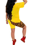 Amarelo moda sexy adulto senhora leopardo carta retalhos impressão contraste cor ternos de duas peças lápis manga curta duas peças