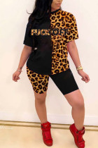Zwarte mode sexy volwassen mevrouw luipaard brief patchwork print contrasterende kleur tweedelige pakken potlood korte mouw twee stukken
