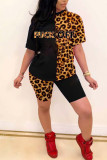 Blue Fashion Sexy adult Ma'am Leopard Letter Patchwork Print contrast color Two Piece Suits pencil Short Sleeve Two Pieces