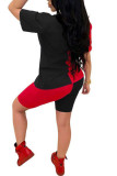 赤と黒のファッションセクシーな大人の奥様レターパッチワークプリントツーピーススーツ鉛筆半袖二枚