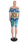 Green Fashion adult OL Patchwork Print Tie Dye Two Piece Suits pencil Short Sleeve Two Pieces