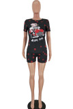 Black Fashion Sexy adult Ma'am Letter Patchwork Print Character Two Piece Suits pencil Short Sleeve Two Pieces