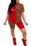 Moda de color rojo Sexy adulto señora leopardo carta dibujo de almazuela contraste color trajes de dos piezas lápiz manga corta dos piezas