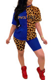 Blå Mode Sexig vuxen fru Leopard Brev Patchwork Tryck kontrastfärg Tvådelad kostym penna Kort ärm Tvådelad