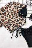 Estampado de leopardo Nylon Patchwork vendaje Estampado Leopardo Un top corto de tres piezas Moda Sexy Bikinis para adultos Conjunto