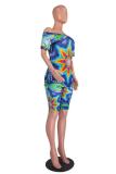 Green Fashion adult OL Patchwork Print Tie Dye Two Piece Suits pencil Short Sleeve Two Pieces