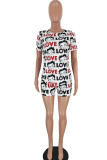 White Fashion Sexy adult Ma'am Letter Patchwork Print Character Two Piece Suits pencil Short Sleeve Two Pieces