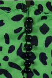 Red Blue Green Brown V Neck Long Sleeve Leopard Patchwork Print Tops